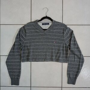 Tommy Hilfiger Gray Striped V-Neck Cropped Sweater Flag Logo Preppy Y2K